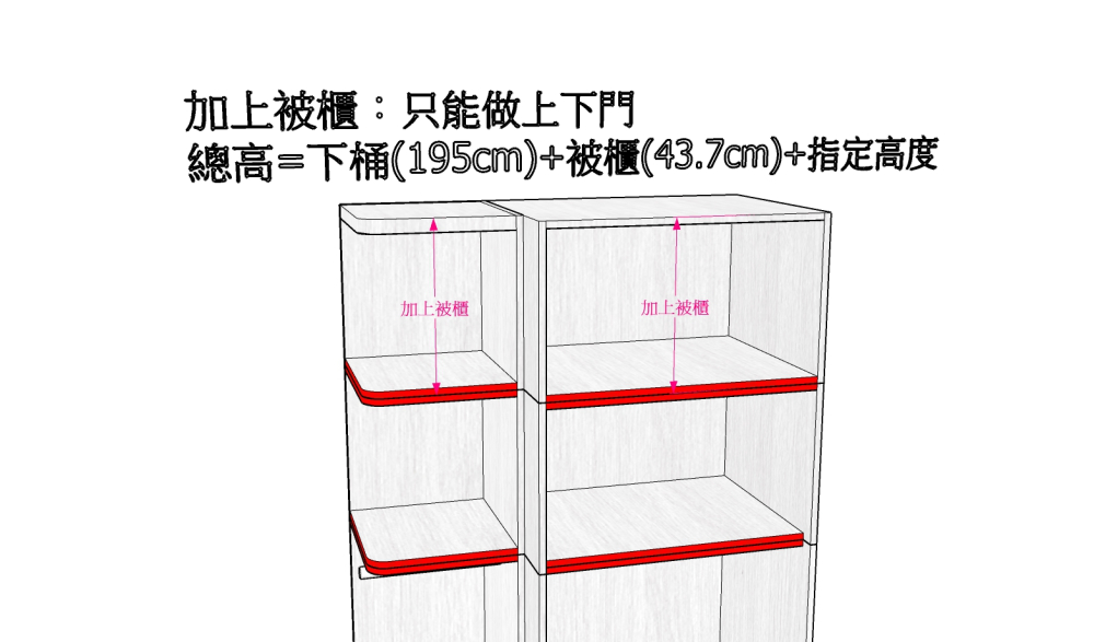 加上被櫃(下桶195cm+被櫃43.7cm+指定高度: 61-80cm)