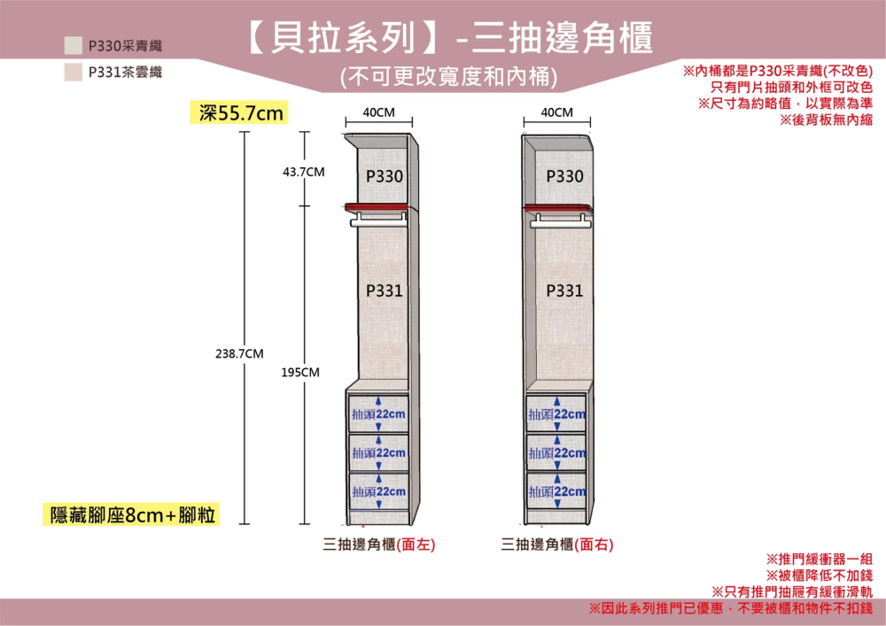 #貝拉#正常品/降低高度 三抽邊角櫃